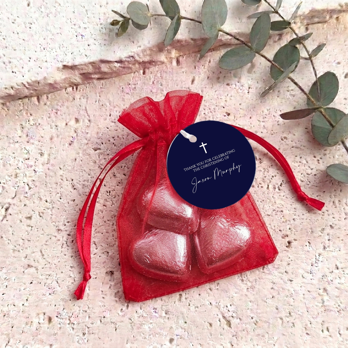 Navy Blue White Cross Christening Personalised Organza Bags with Chocolate Hearts