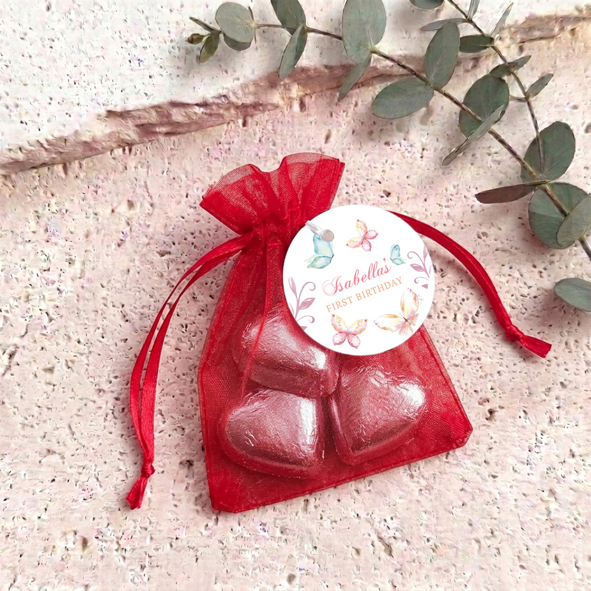 Pastel Butterflies Personalised Organza Bags with Chocolate Hearts