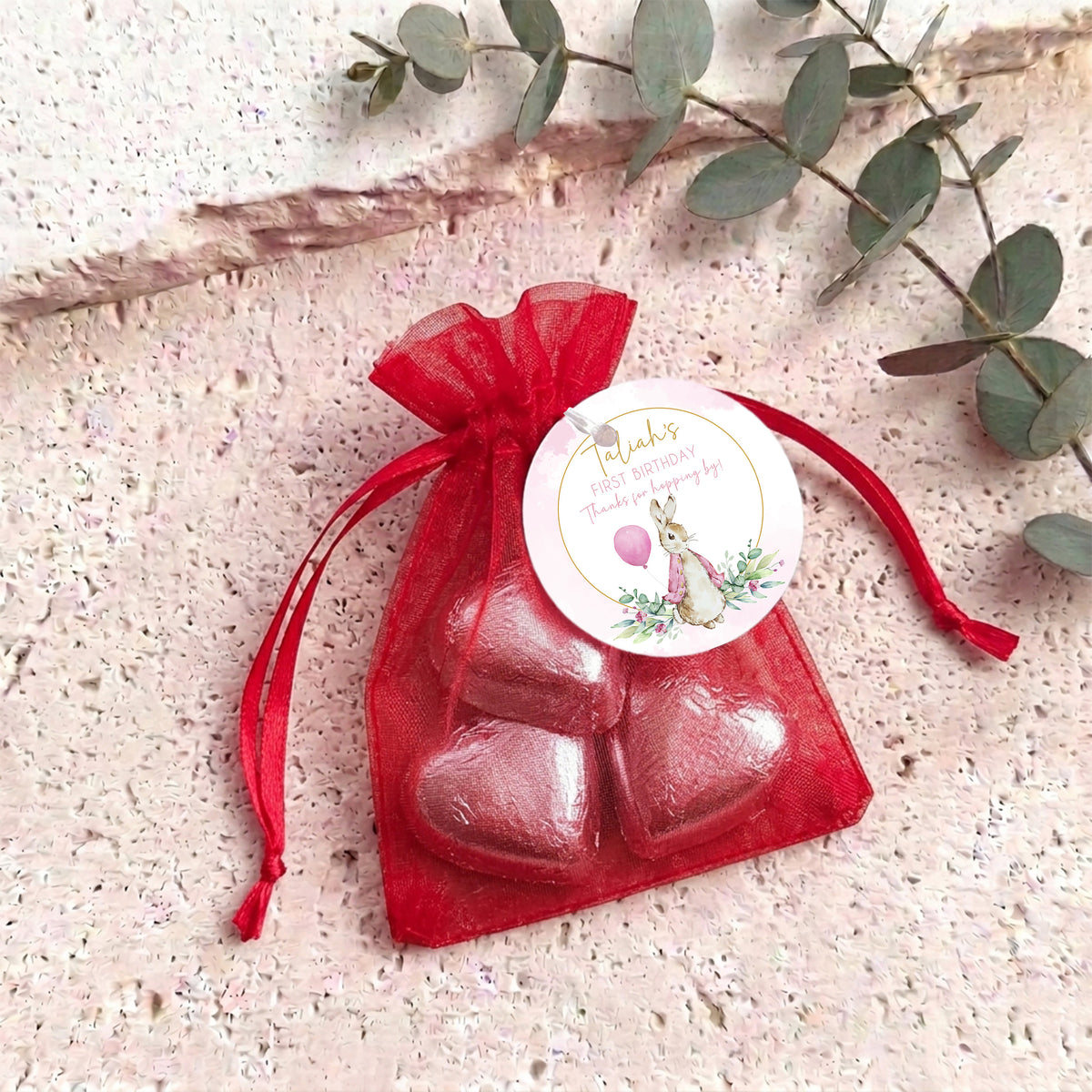 Peter Rabbit Pink First Birthday Personalised Organza Bags with Chocolate Hearts