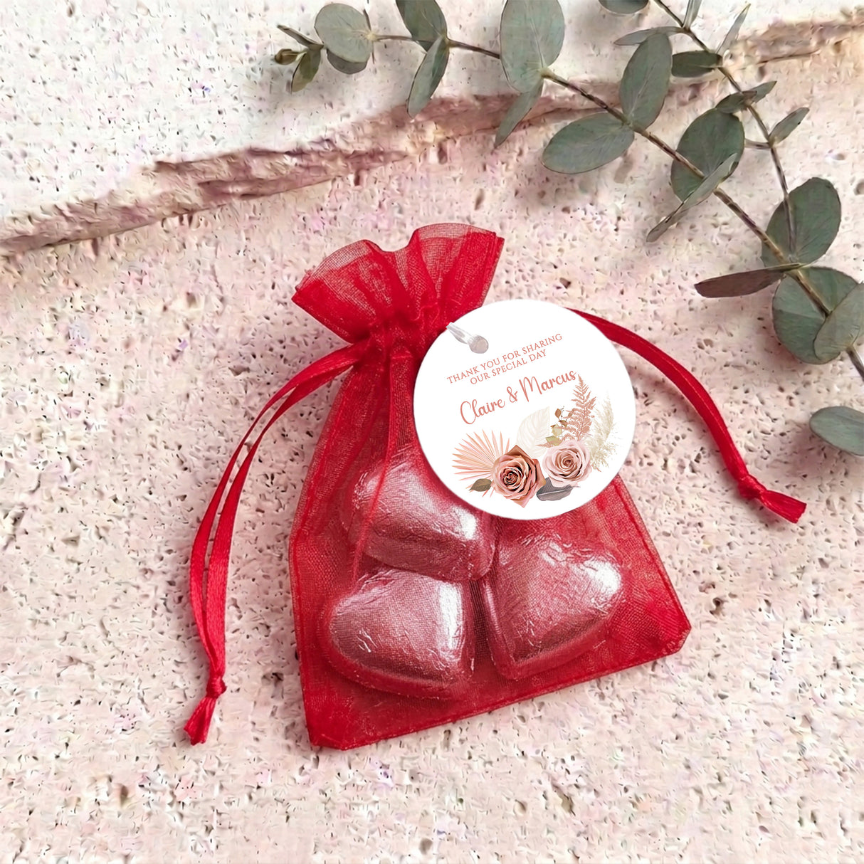 Pink Floral Boho Wedding Personalised Organza Bags with Chocolate Hearts