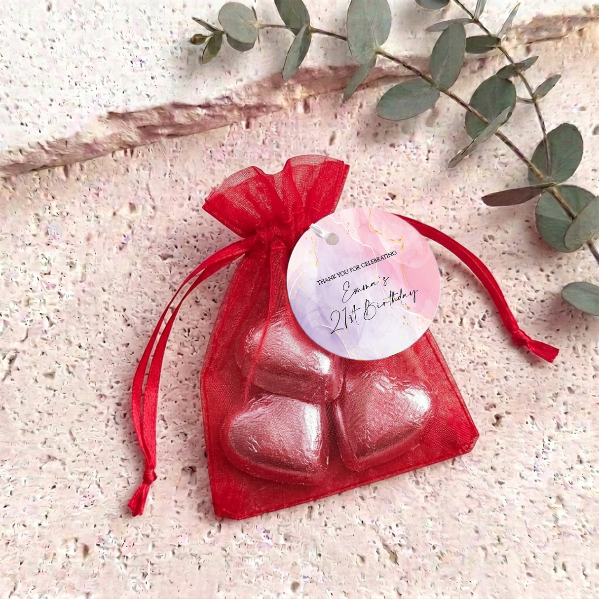 Pink Purple Marble Adult Birthday Personalised Organza Bags with Chocolate Hearts