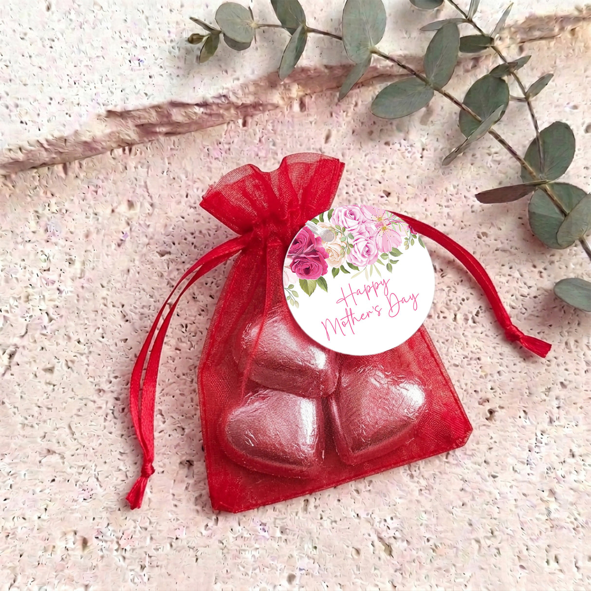 Pink Rose Waterfall Mothers Day Personalised Organza Bags with Chocolate Hearts