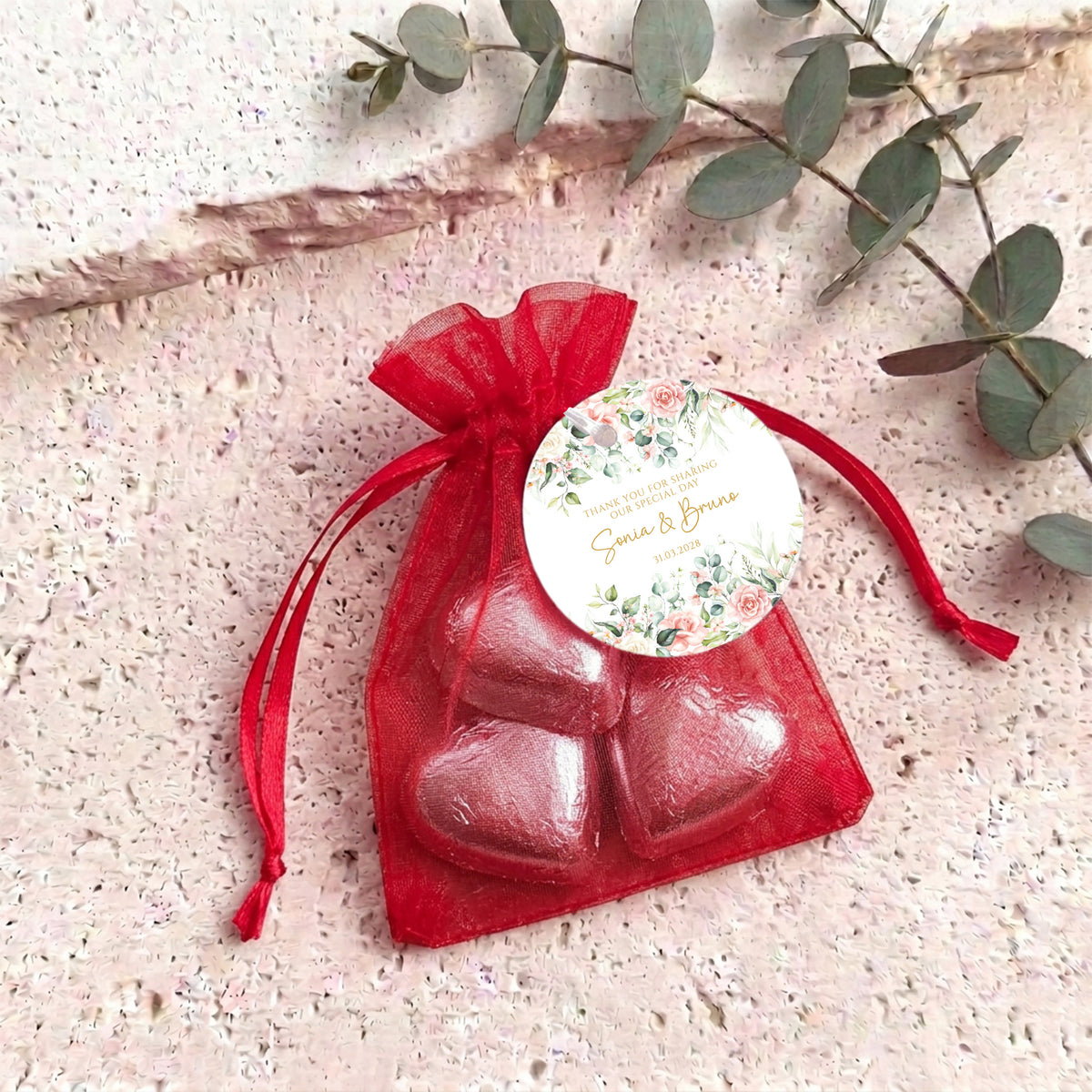 Pink Rose Waterfall Wedding Personalised Organza Bags with Chocolate Hearts