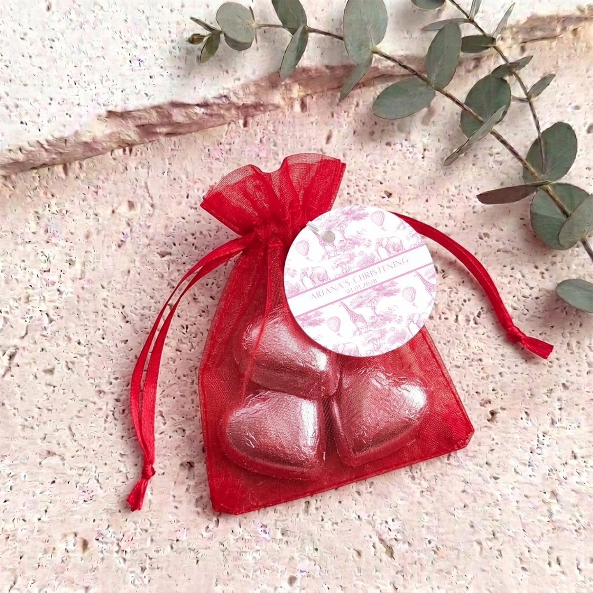 Pink Safari Toile Christening Personalised Organza Bags with Chocolate Hearts