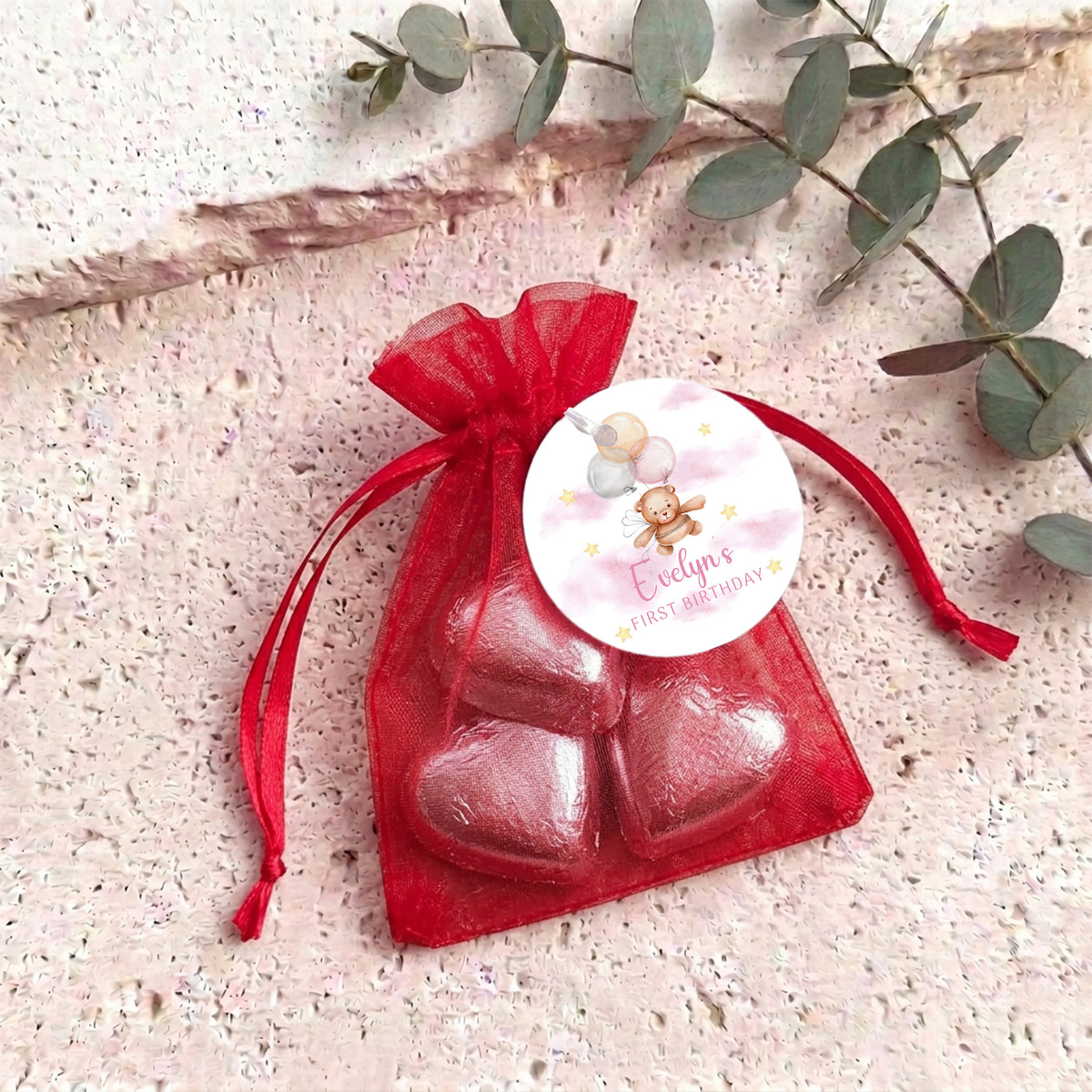 Pink Teddy Balloons First Birthday Personalised Organza Bags with Chocolate Hearts