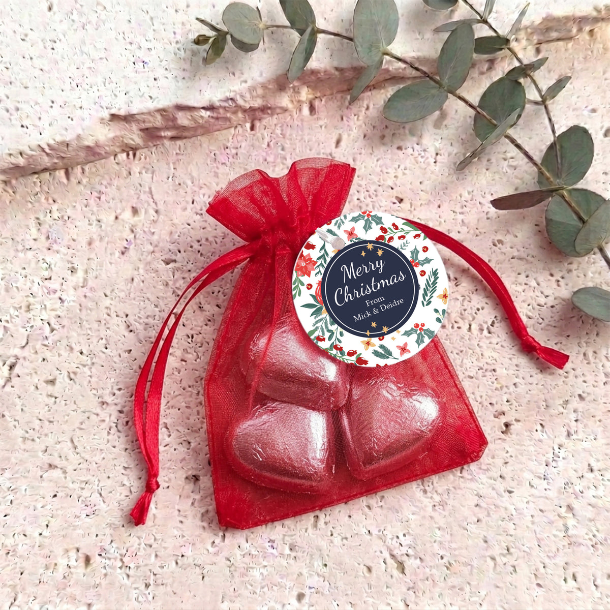 Christmas Florals Personalised Organza Bags with Chocolate Hearts