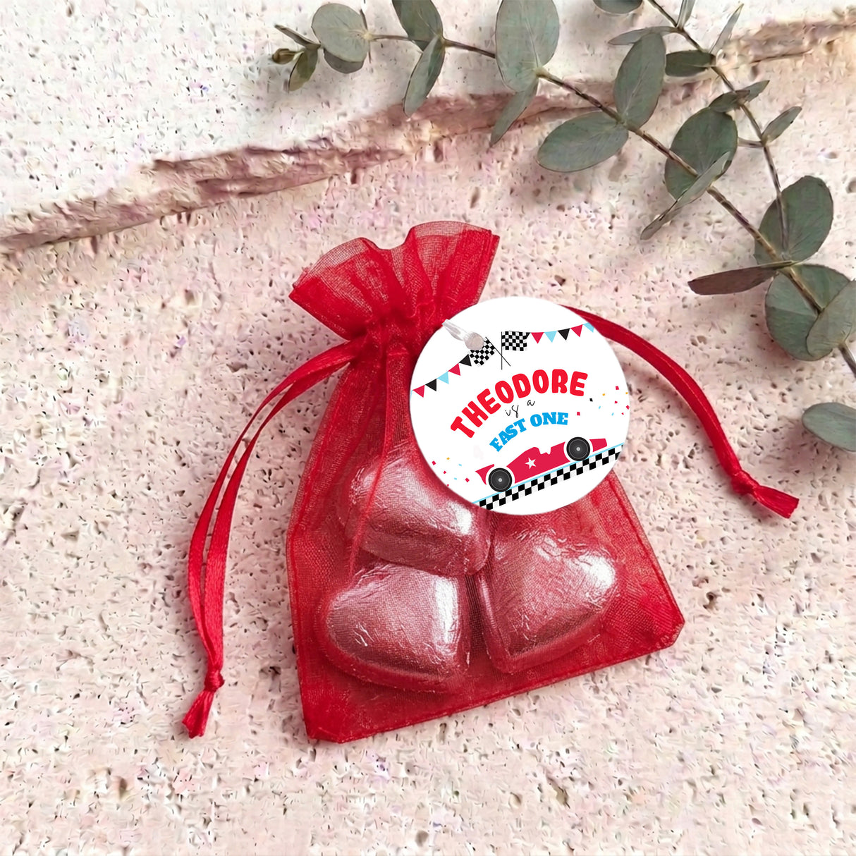 Race Car Fast One Personalised Organza Bags with Chocolate Hearts