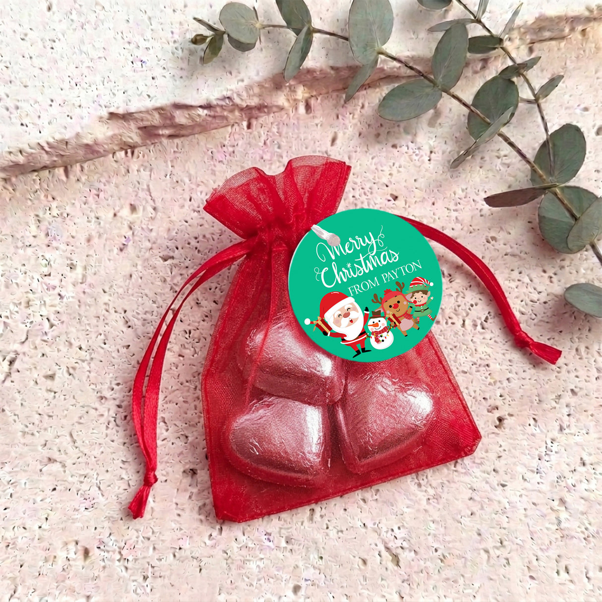 Merry Christmas Green Personalised Organza Bags with Chocolate Hearts
