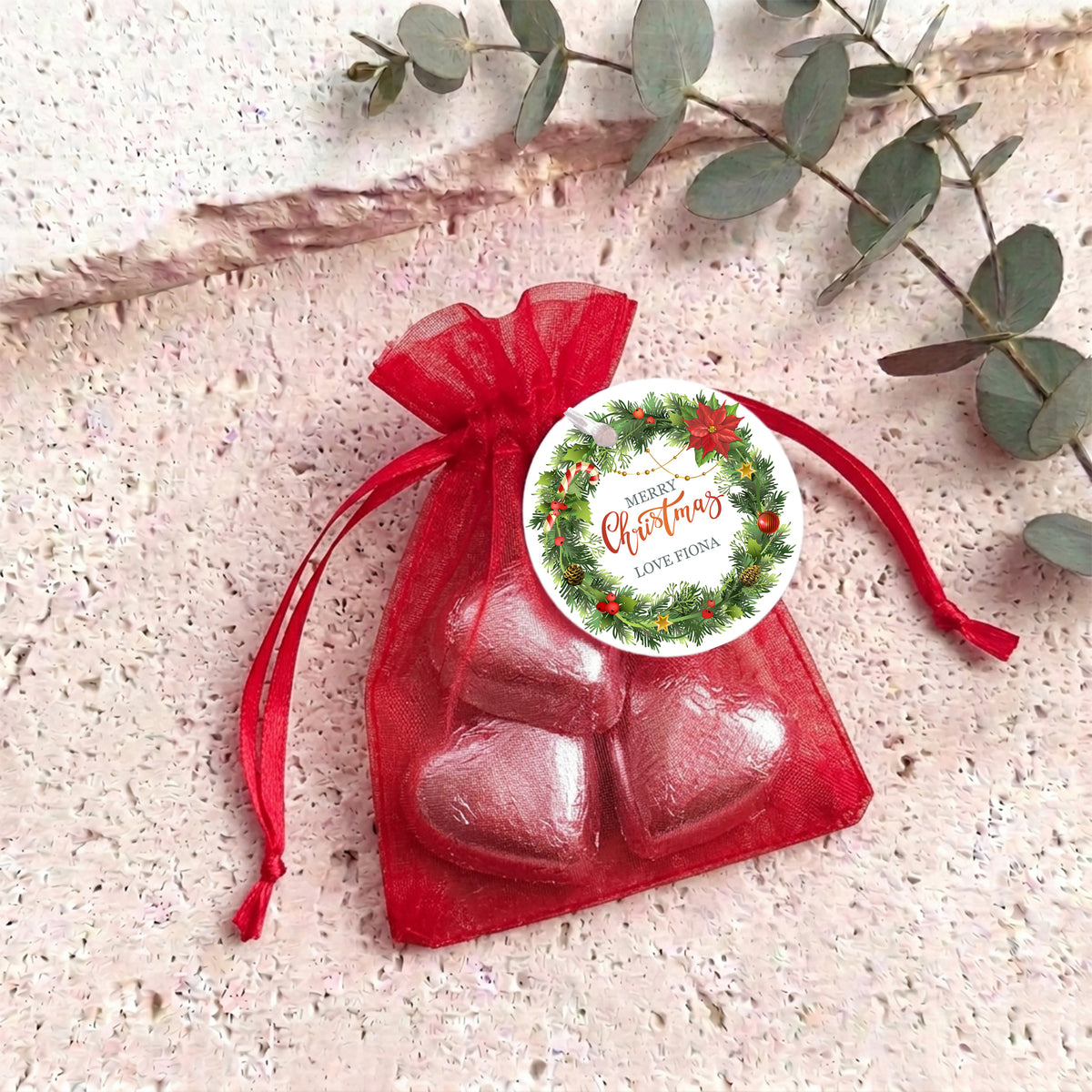 Christmas Wreath Personalised Organza Bags with Chocolate Hearts
