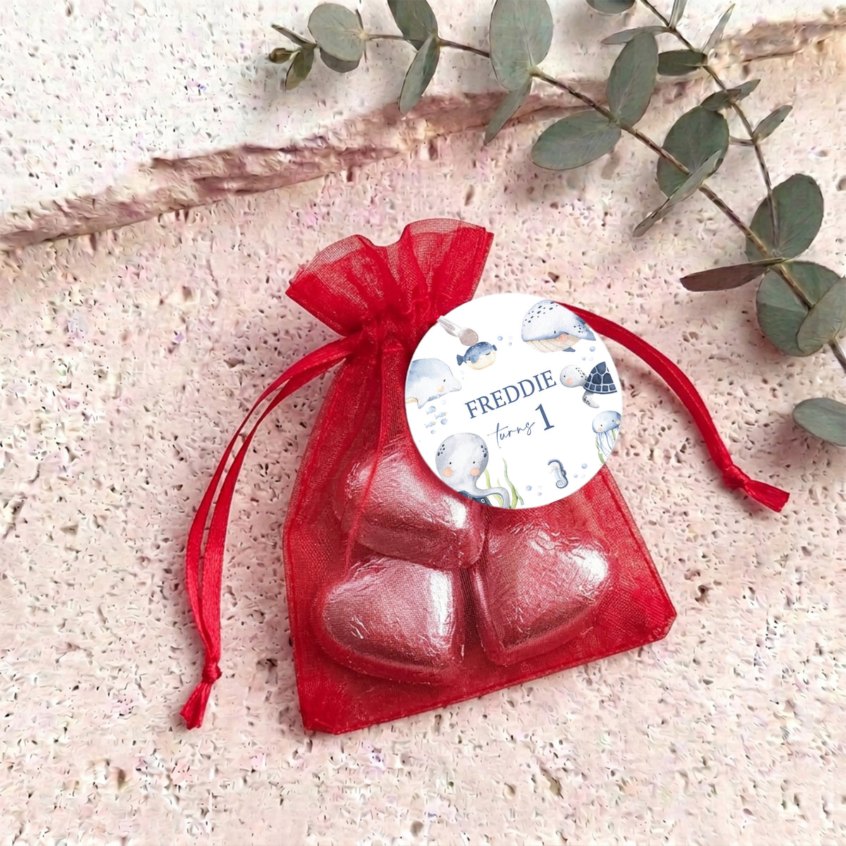 Under The Sea First Birthday Personalised Organza Bags with Chocolate Hearts