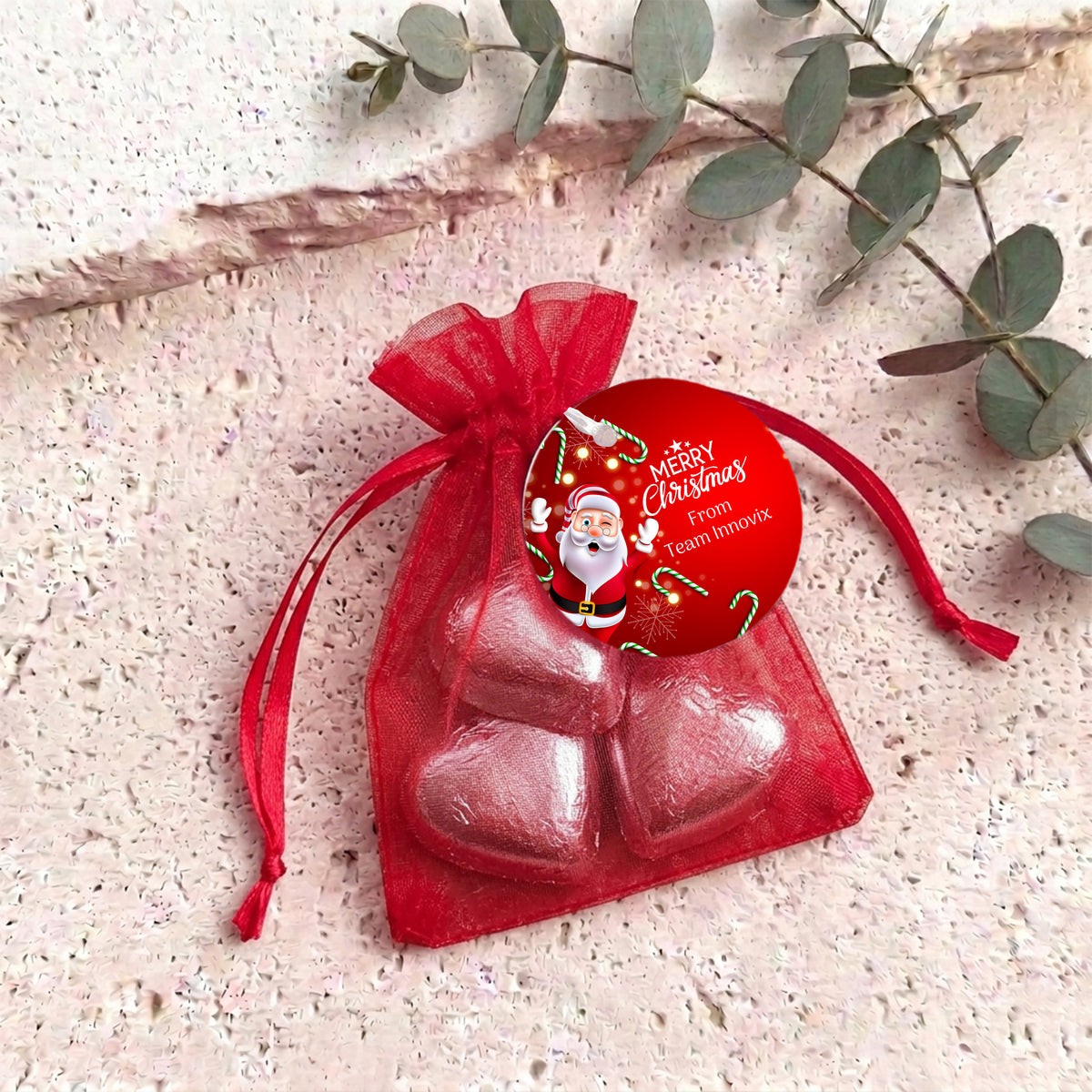 Waving Santa Personalised Organza Bags with Chocolate Hearts