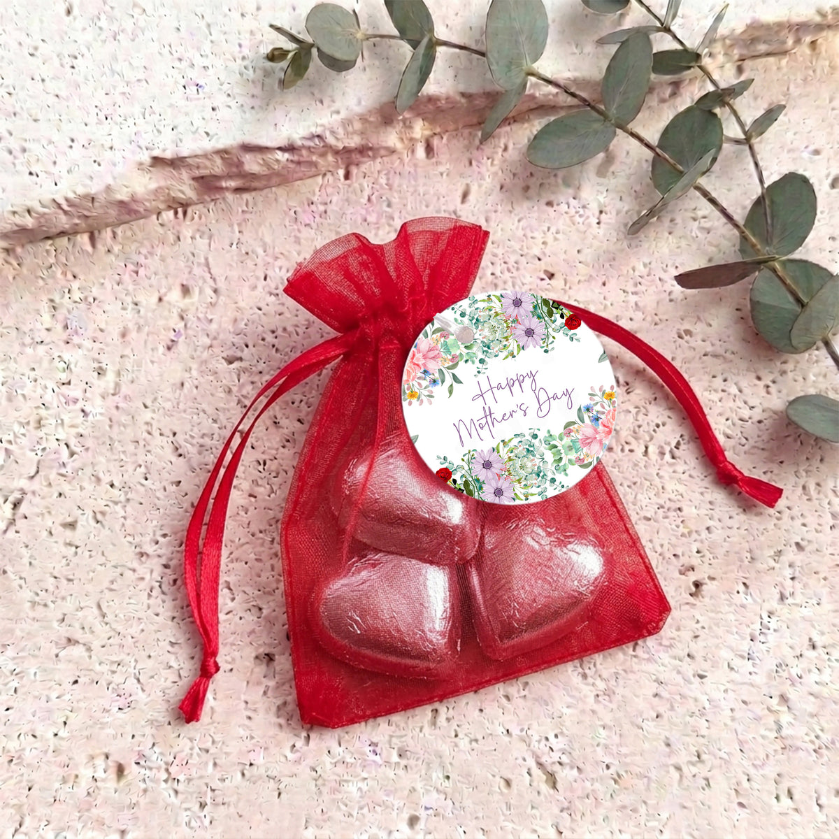 Wildflower Mothers Day Personalised Organza Bags with Chocolate Hearts