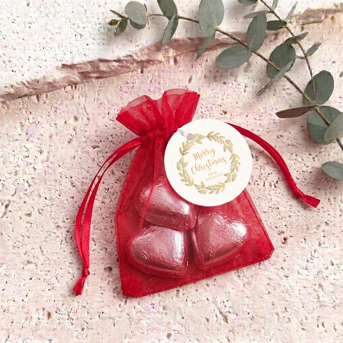 Christmas Gold Pine Personalised Organza Bags with Chocolate Hearts