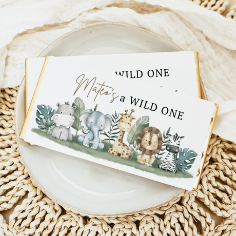 Safari Animals “Wild One” chocolate bar wrapper with jungle animals and lettering