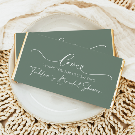 Sage green bridal shower chocolate bar wrapper with Love and thank-you message.