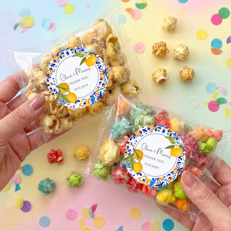 Transparent wedding popcorn bags with round lemon Thank You stickers