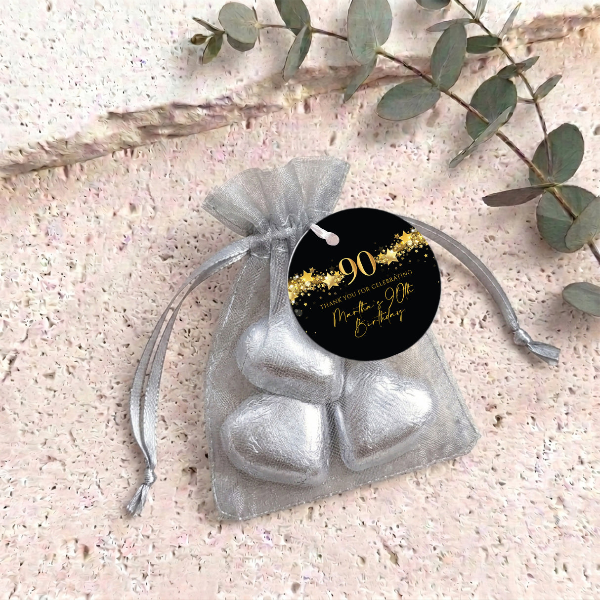 90Th Birthday Black Gold Stars Personalised Organza Bags with Chocolate Hearts