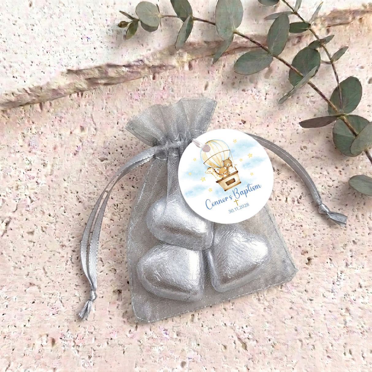 Animals In Hot Air Balloon Baptisms Personalised Organza Bags with Chocolate Hearts