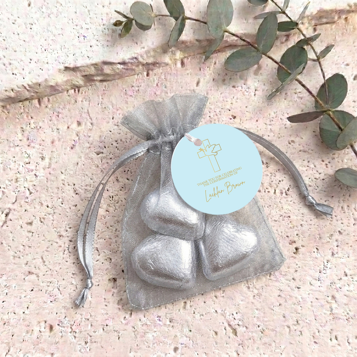 Blue Dove Cross Confimration Personalised Organza Bags with Chocolate Hearts