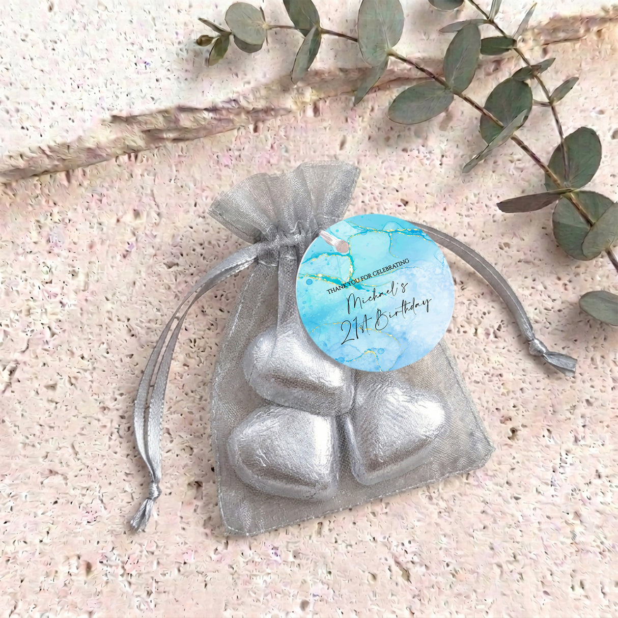Blue Gold Marble Adult Birthday Personalised Organza Bags with Chocolate Hearts