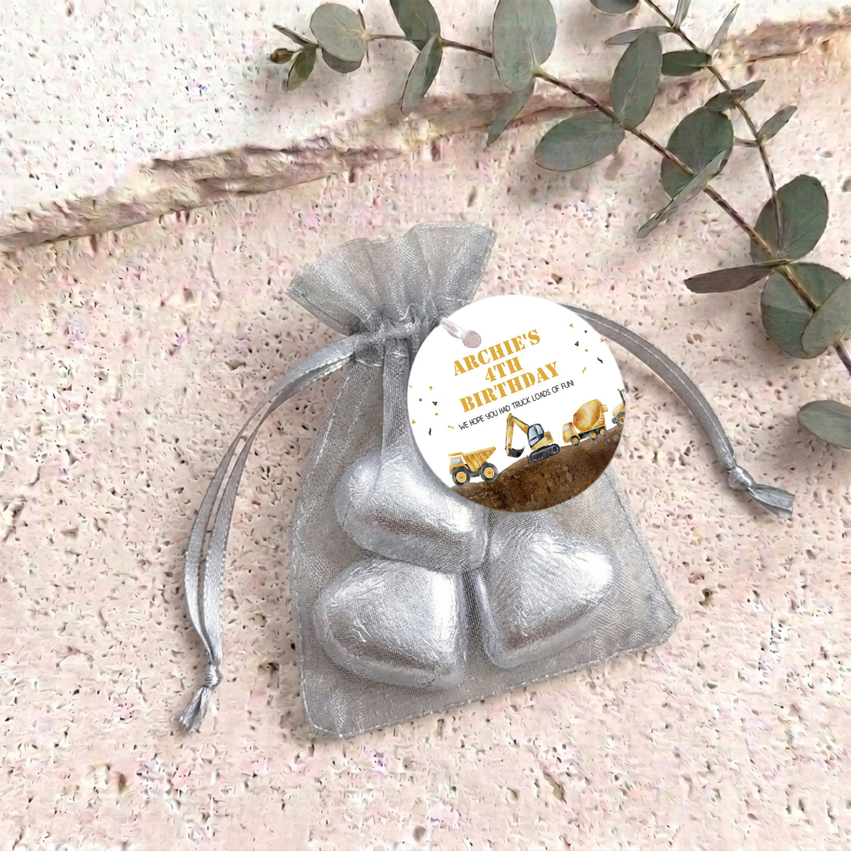 Construction Trucks Personalised Organza Bags with Chocolate Hearts