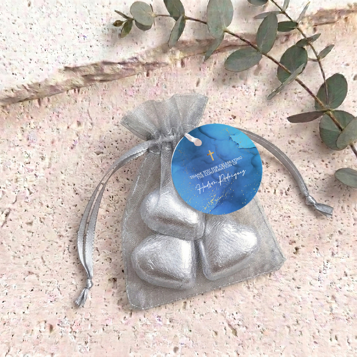 Deep Blue Gold Cross Confirmation Personalised Organza Bags with Chocolate Hearts