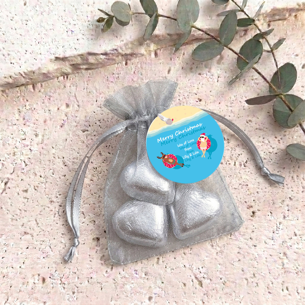 Donut Santa Personalised Organza Bags with Chocolate Hearts