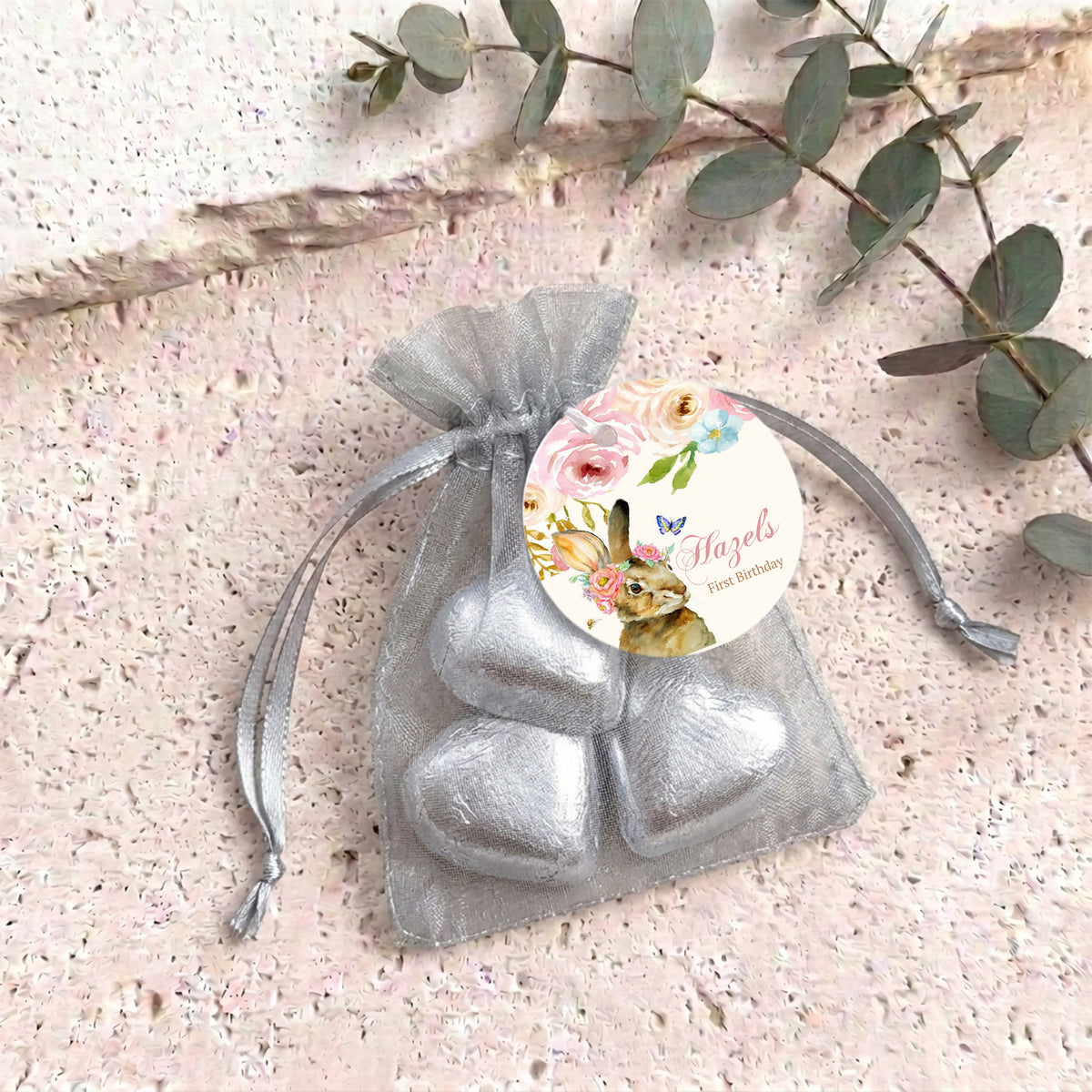 Floral Bunny First Birthday Personalised Organza Bags with Chocolate Hearts