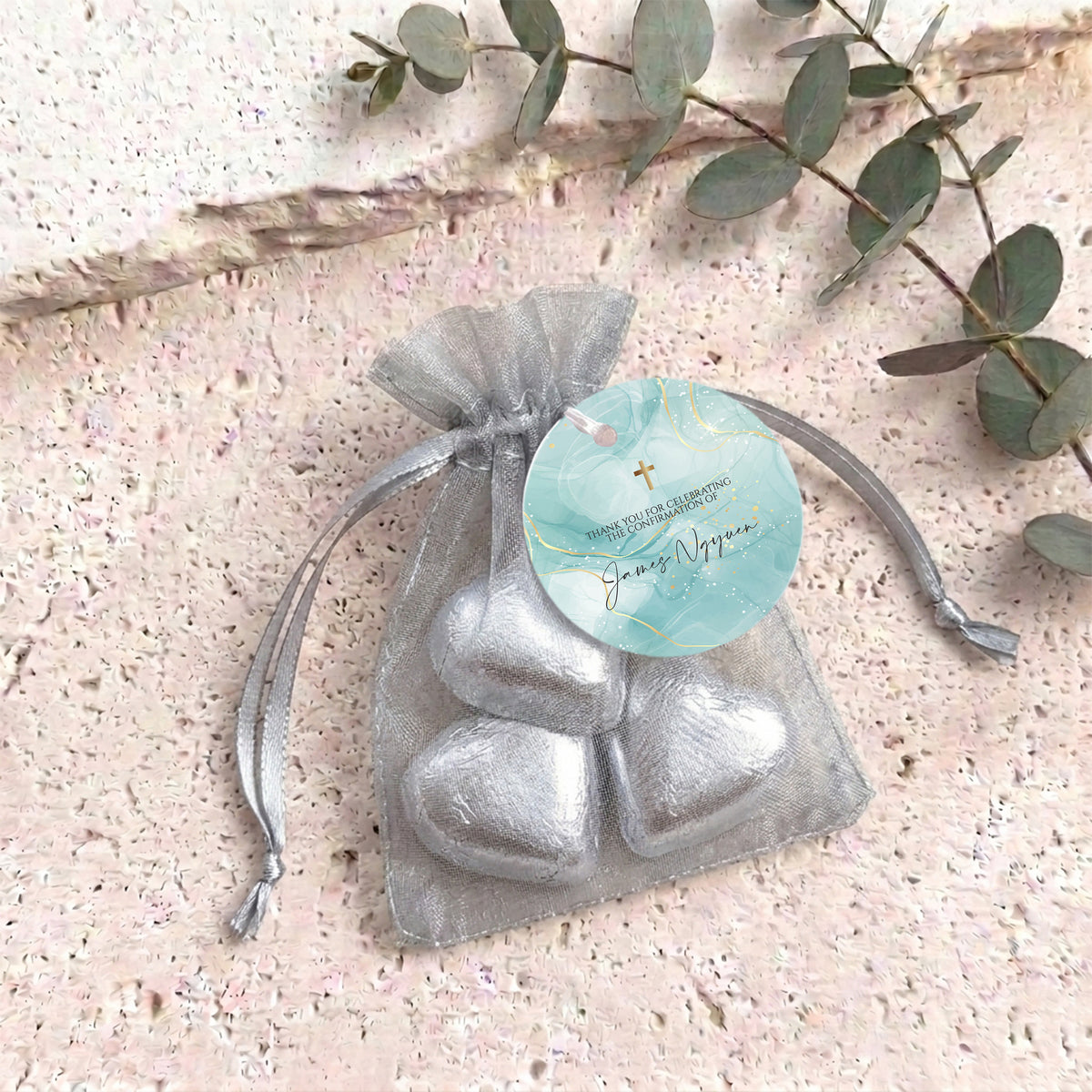 Green Gold Cross Confirmation Personalised Organza Bags with Chocolate Hearts