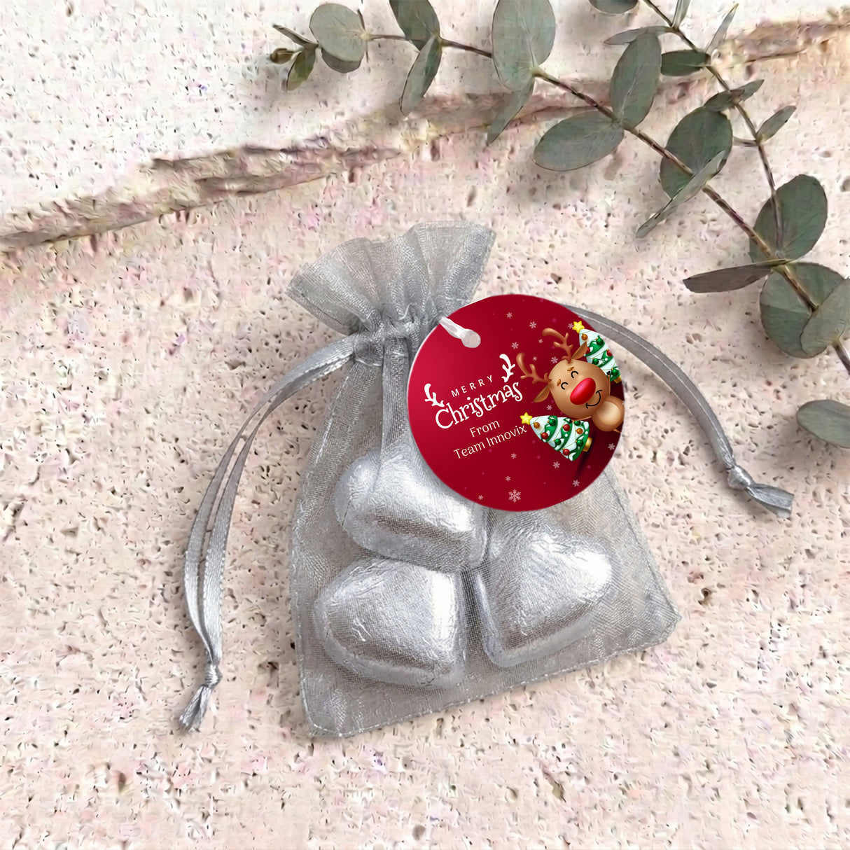 Happy Reindeer Personalised Organza Bags with Chocolate Hearts