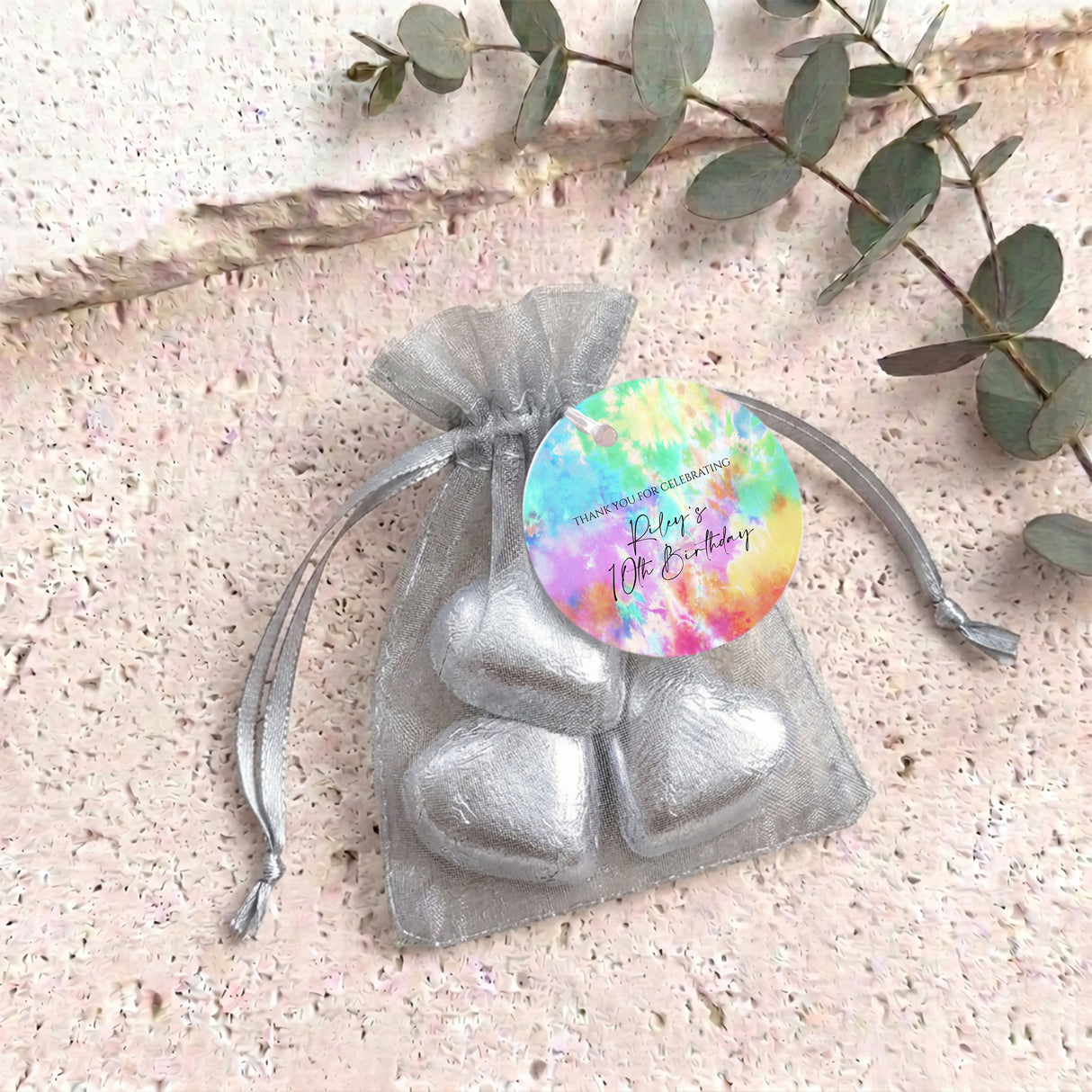 Kids Tie Dye Birthday Personalised Organza Bags with Chocolate Hearts