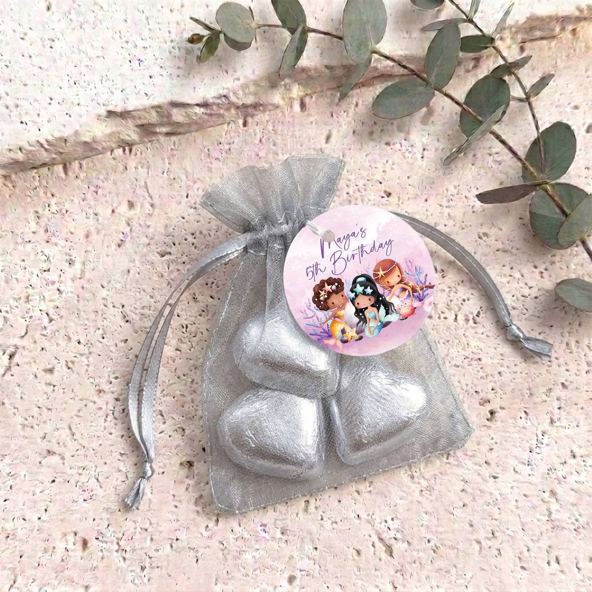 Mermaids Birthday Personalised Organza Bags with Chocolate Hearts