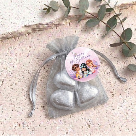 Personalised organza gift bag with heart chocolates, silver metallic drawstring pouch