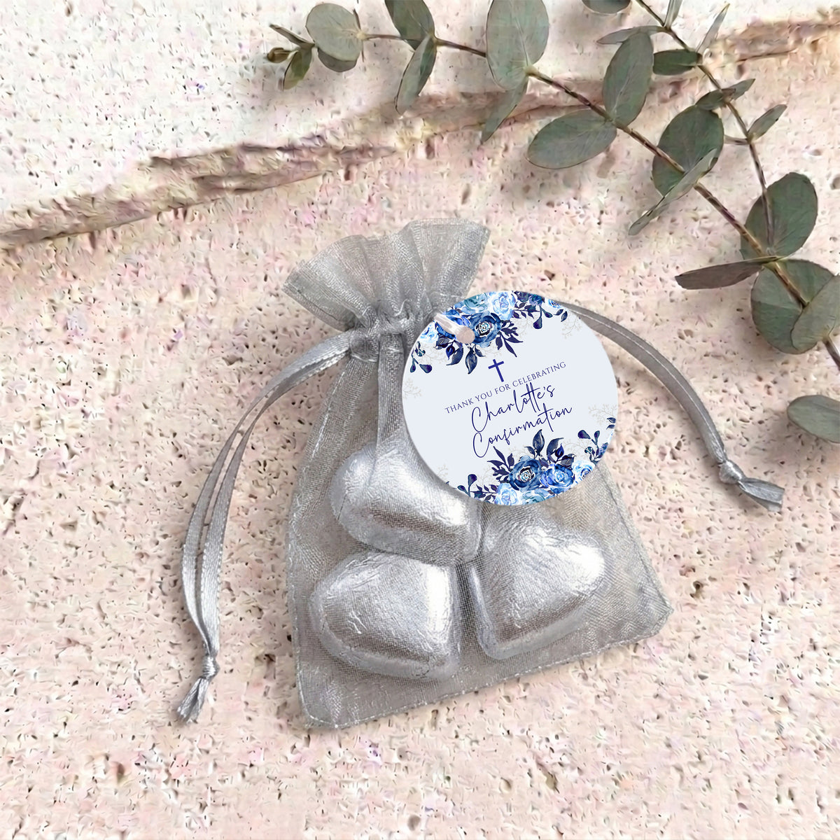 Navy Blue Waterfall Confirmation Personalised Organza Bags with Chocolate Hearts
