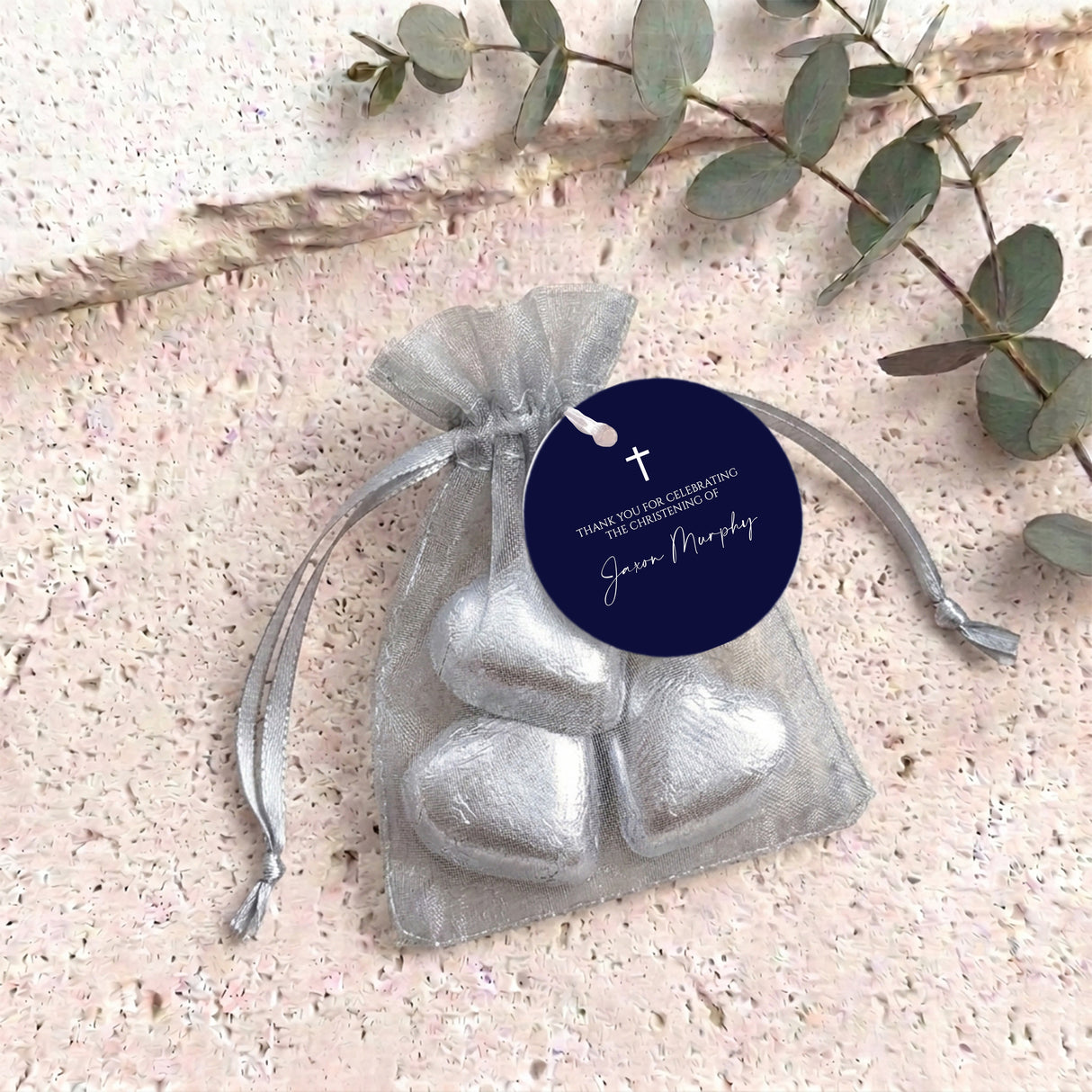 Navy Blue White Cross Christening Personalised Organza Bags with Chocolate Hearts