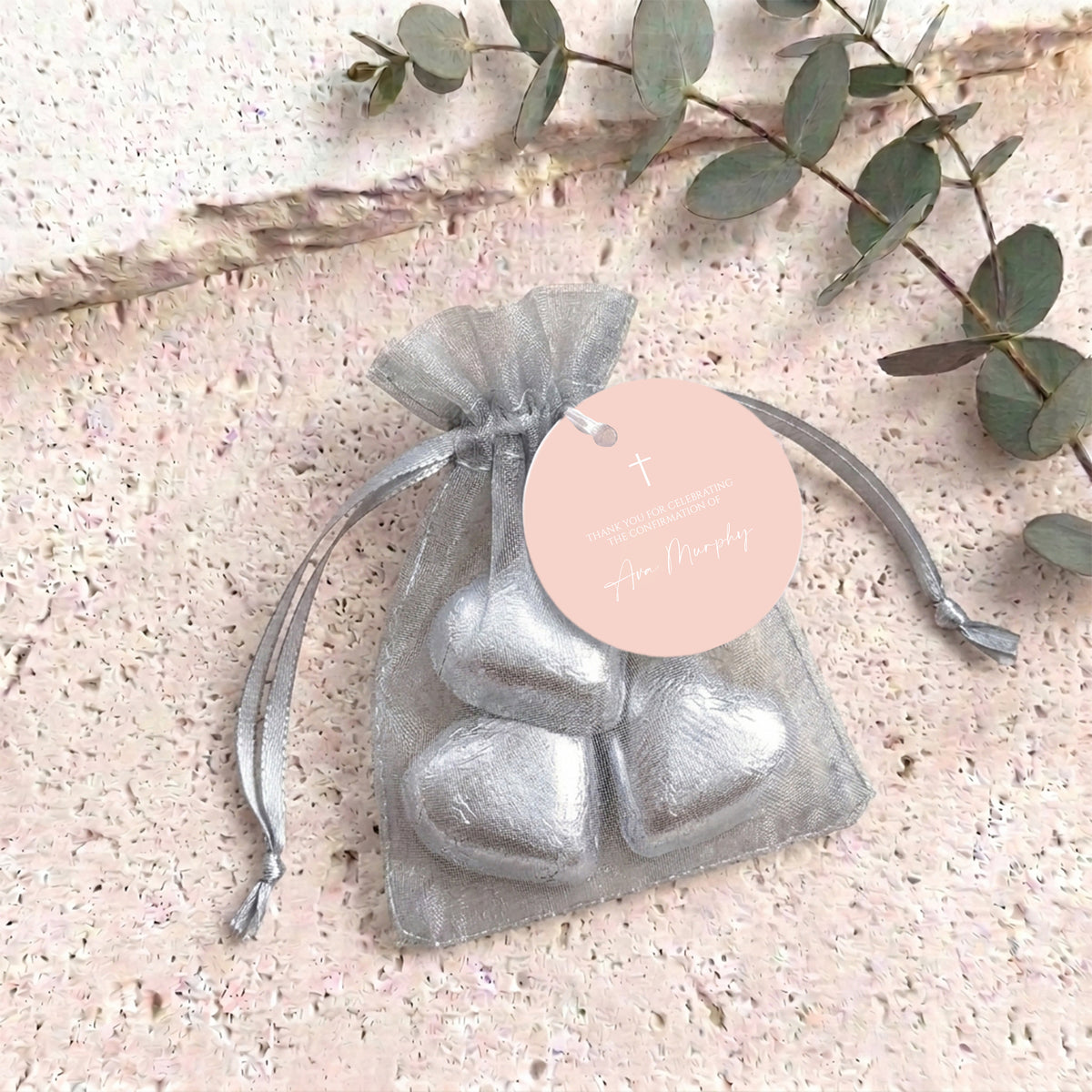 Pastel Peach White Cross Confirmation Personalised Organza Bags with Chocolate Hearts