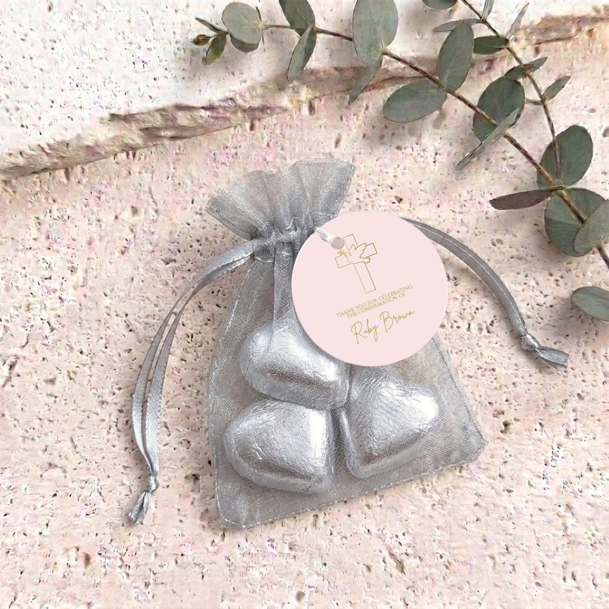 Pink Dove Cross Confirmation Personalised Organza Bags with Chocolate Hearts