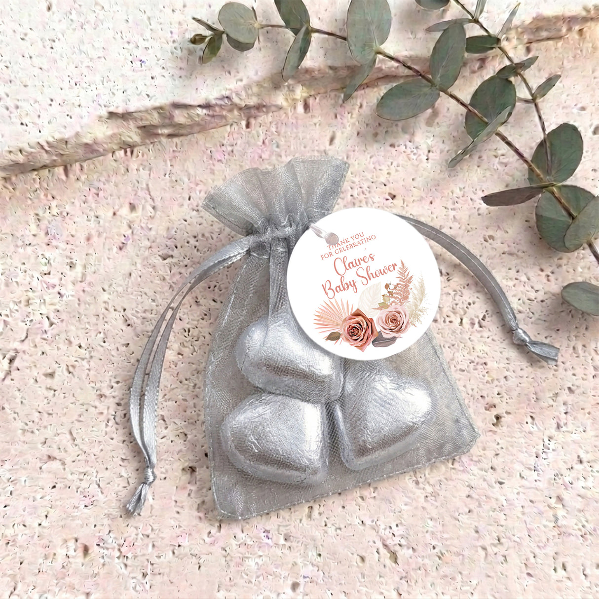 Pink Floral Boho Baby Shower Personalised Organza Bags with Chocolate Hearts