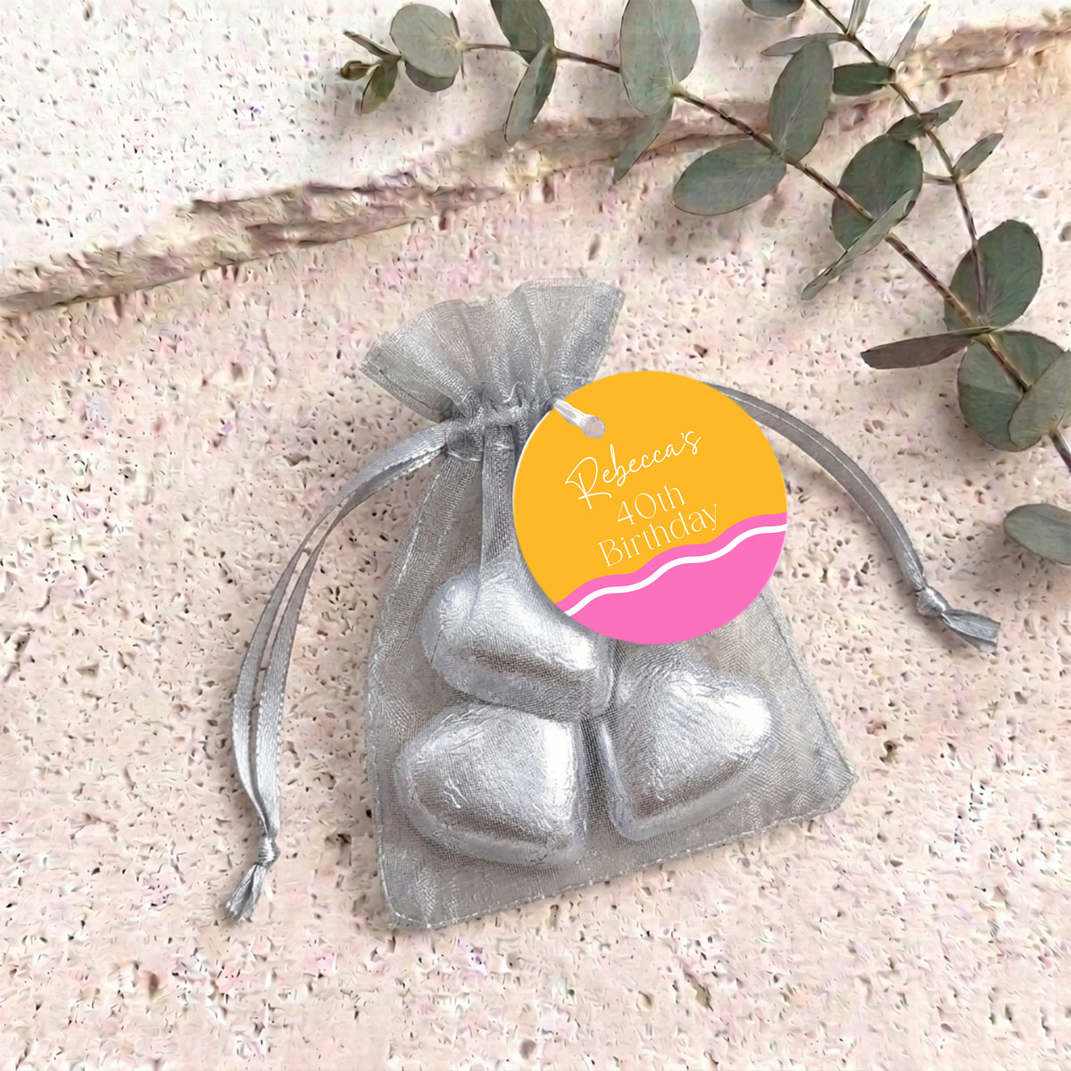 Pink Orange Wavy Birthday Personalised Organza Bags with Chocolate Hearts