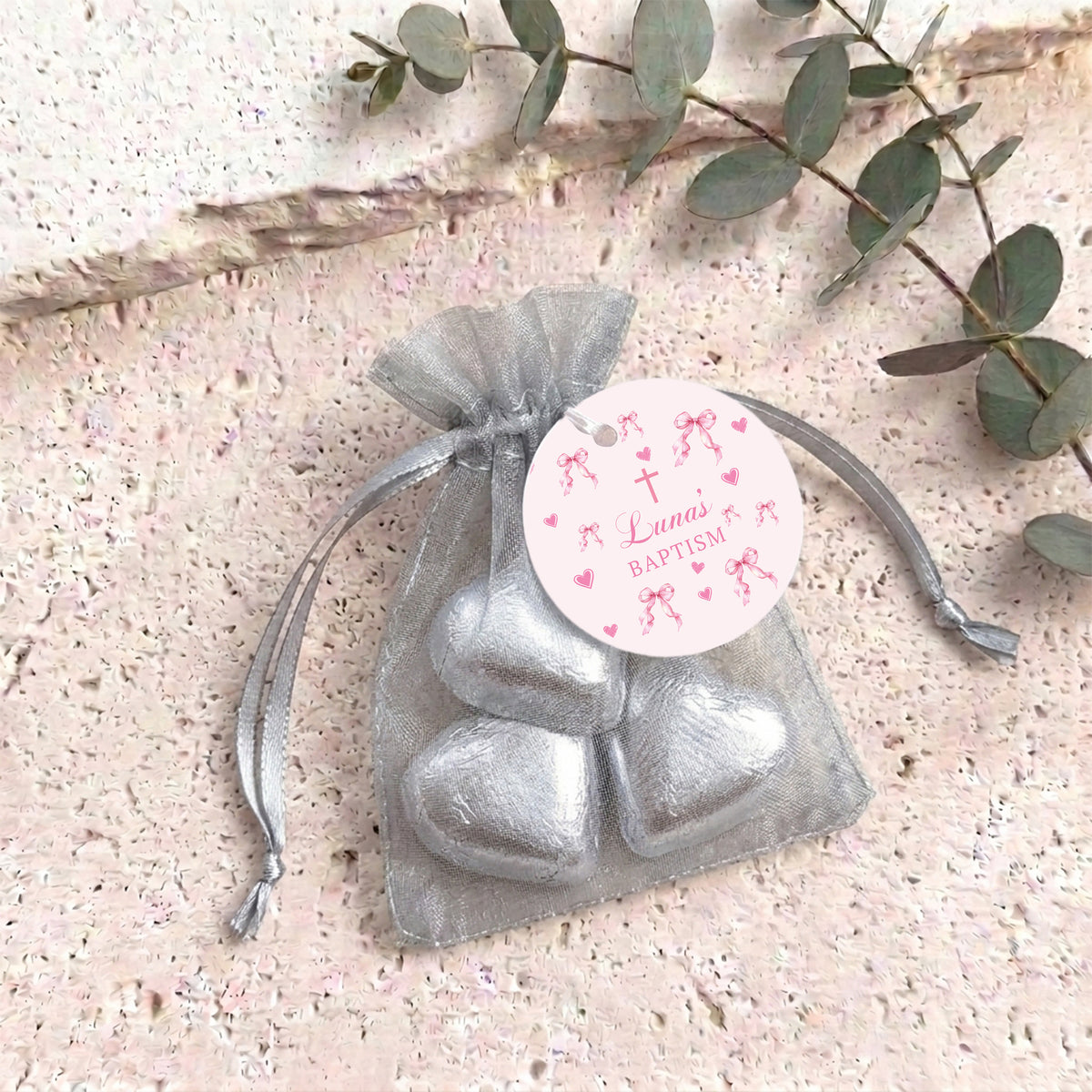 Pink Ribbons Bow Baptism Personalised Organza Bags with Chocolate Hearts
