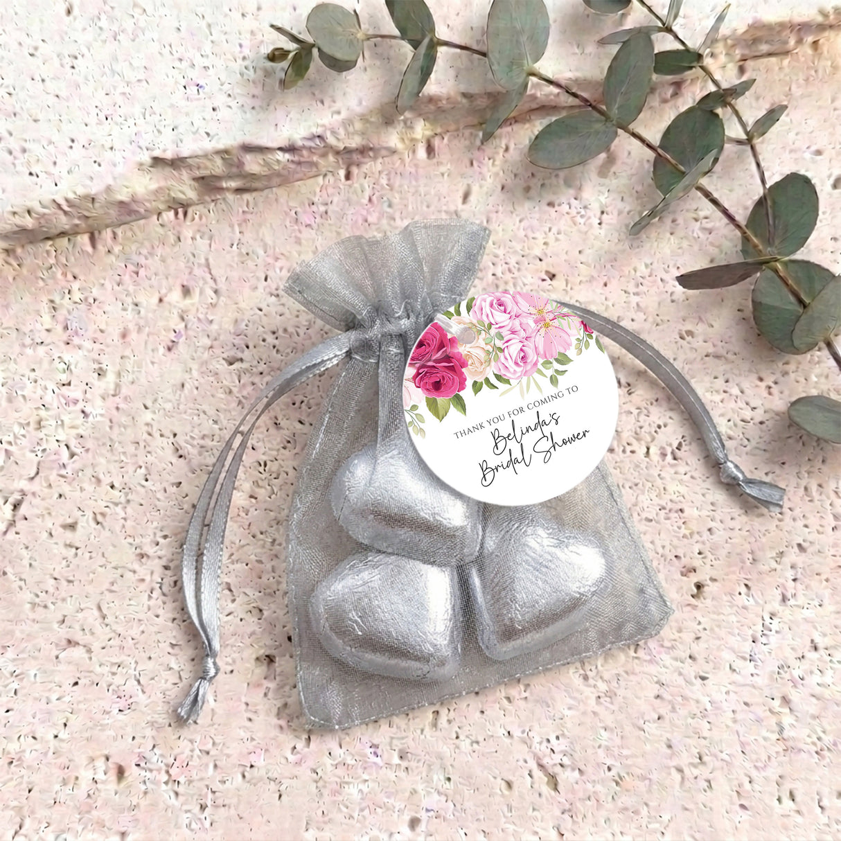 Pink Rose Waterfall Bridal Shower Personalised Organza Bags with Chocolate Hearts