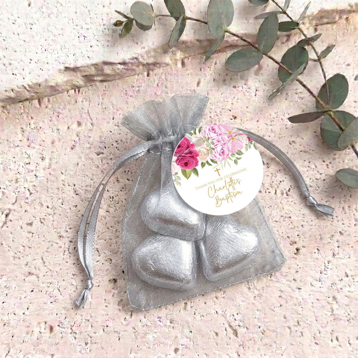Pink Rose Waterfall Christening Personalised Organza Bags with Chocolate Hearts