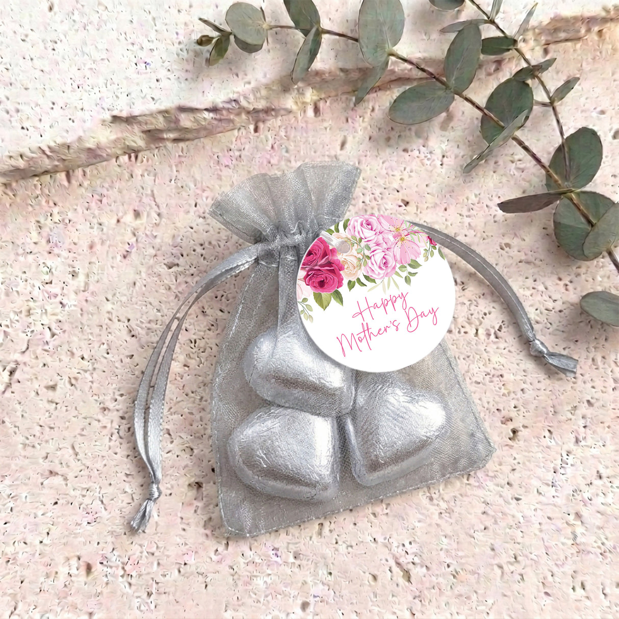 Pink Rose Waterfall Mothers Day Personalised Organza Bags with Chocolate Hearts