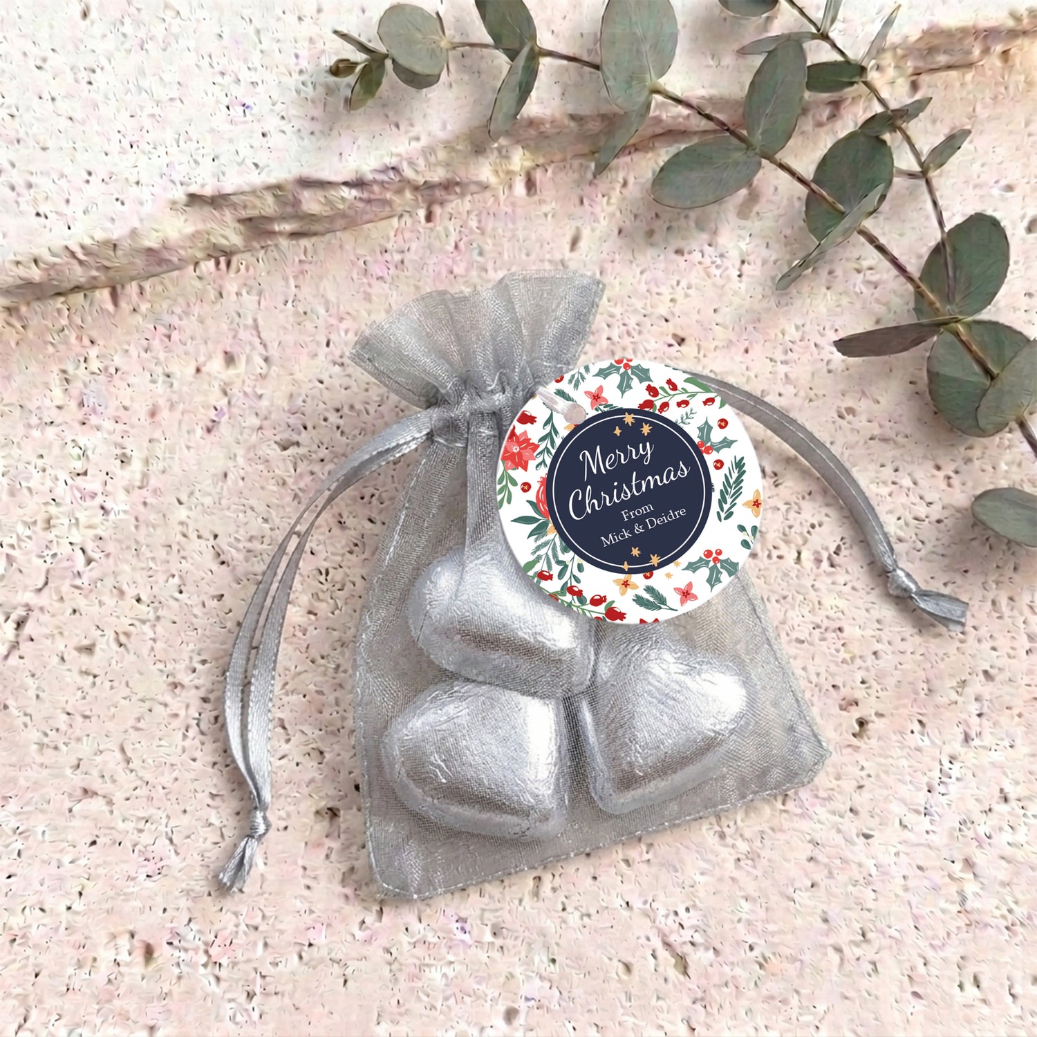 Christmas Florals Personalised Organza Bags with Chocolate Hearts