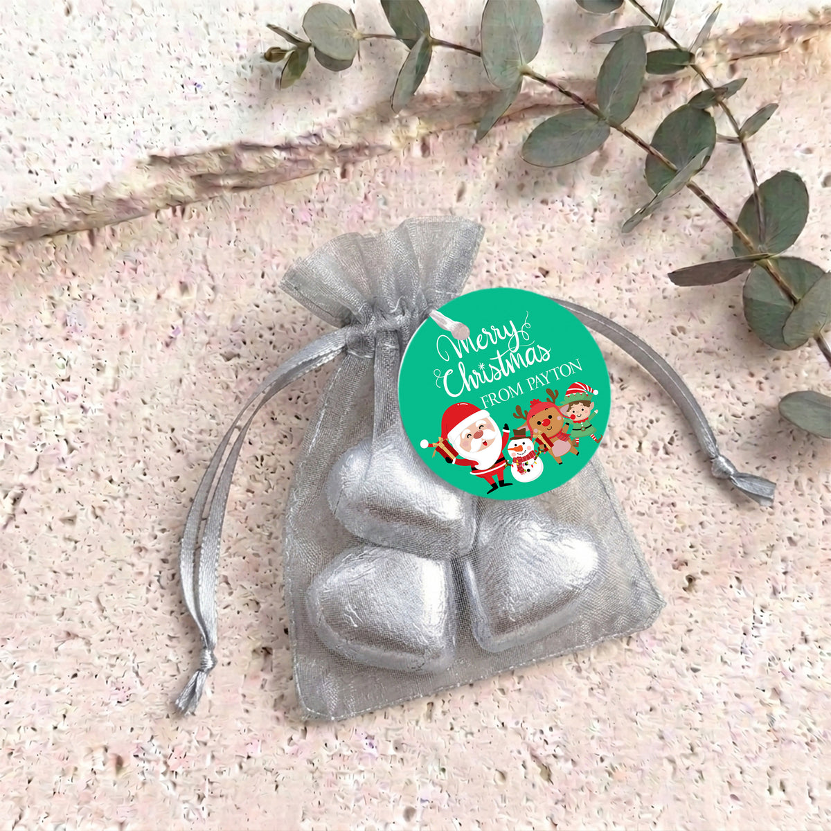 Merry Christmas Green Personalised Organza Bags with Chocolate Hearts