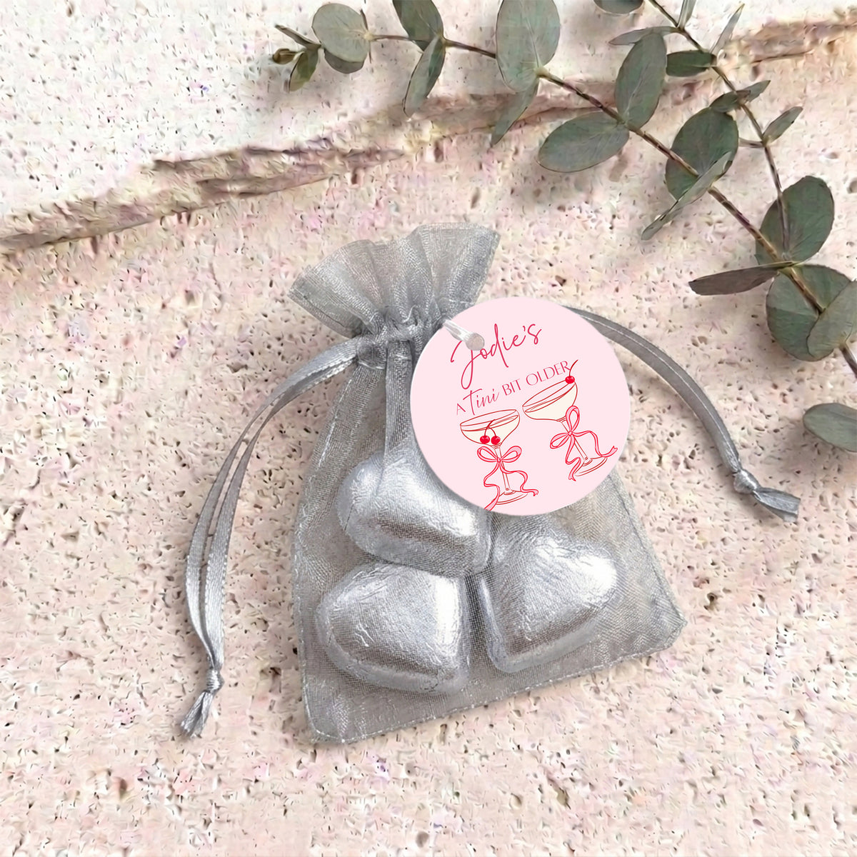 Tini Bit Older Martini Personalised Organza Bags with Chocolate Hearts