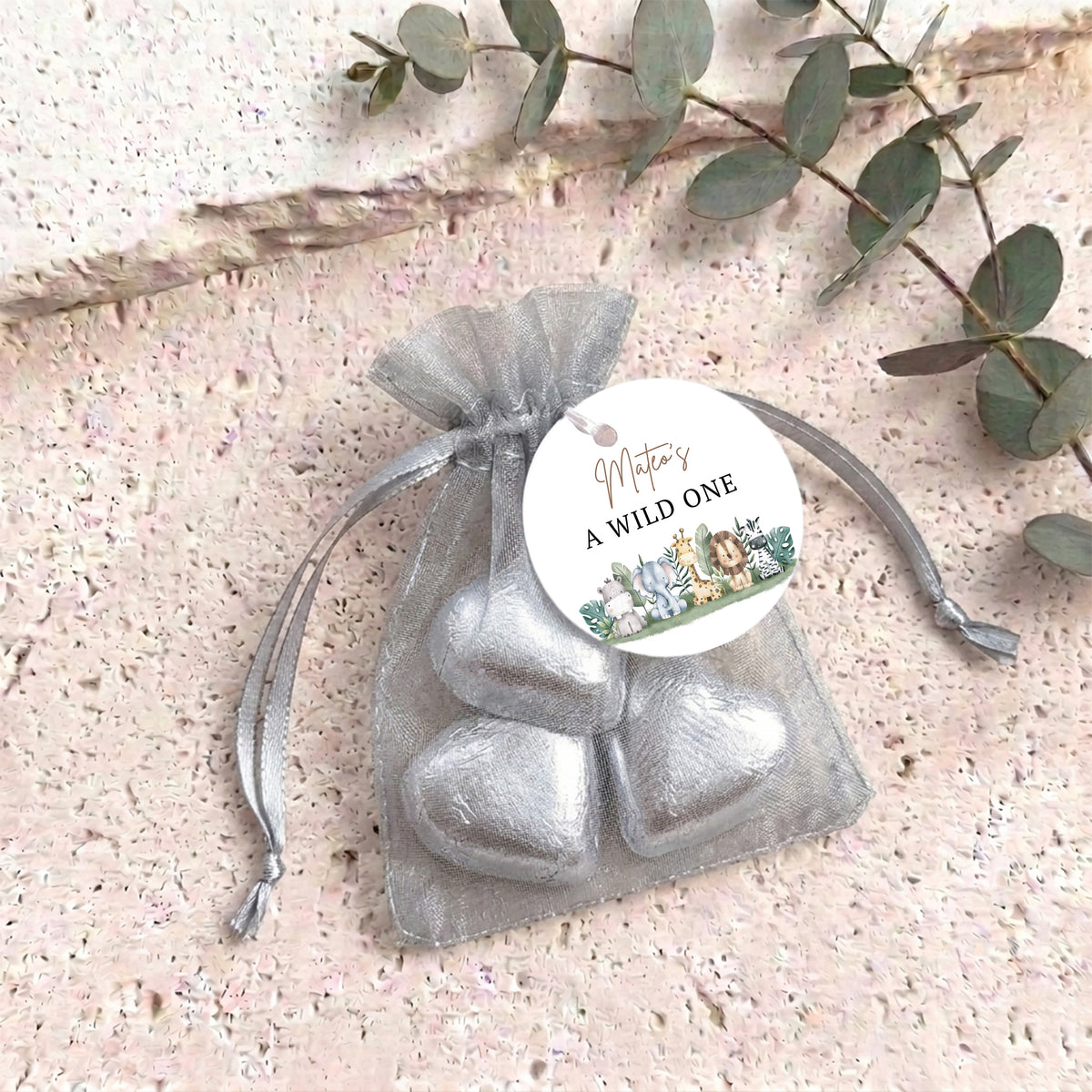 Wild One Personalised Organza Bags with Chocolate Hearts