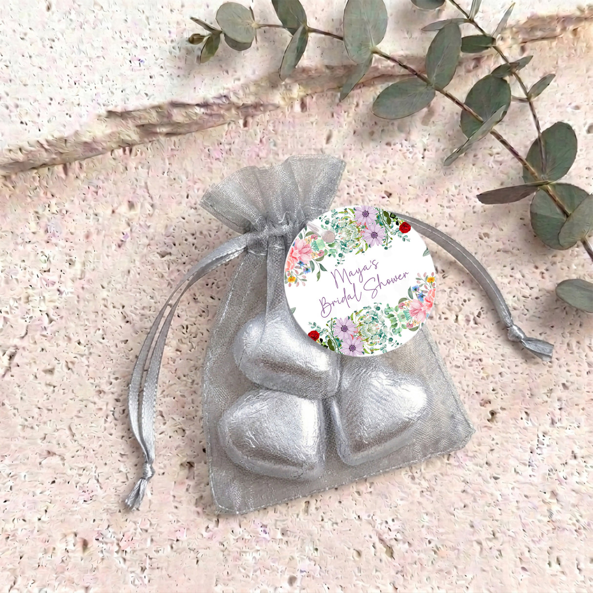 Wildflower Bridal Shower Personalised Organza Bags with Chocolate Hearts