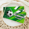 Soccer birthday chocolate bar wrapper, green with soccer ball and “Hudson's 8th Birthday”