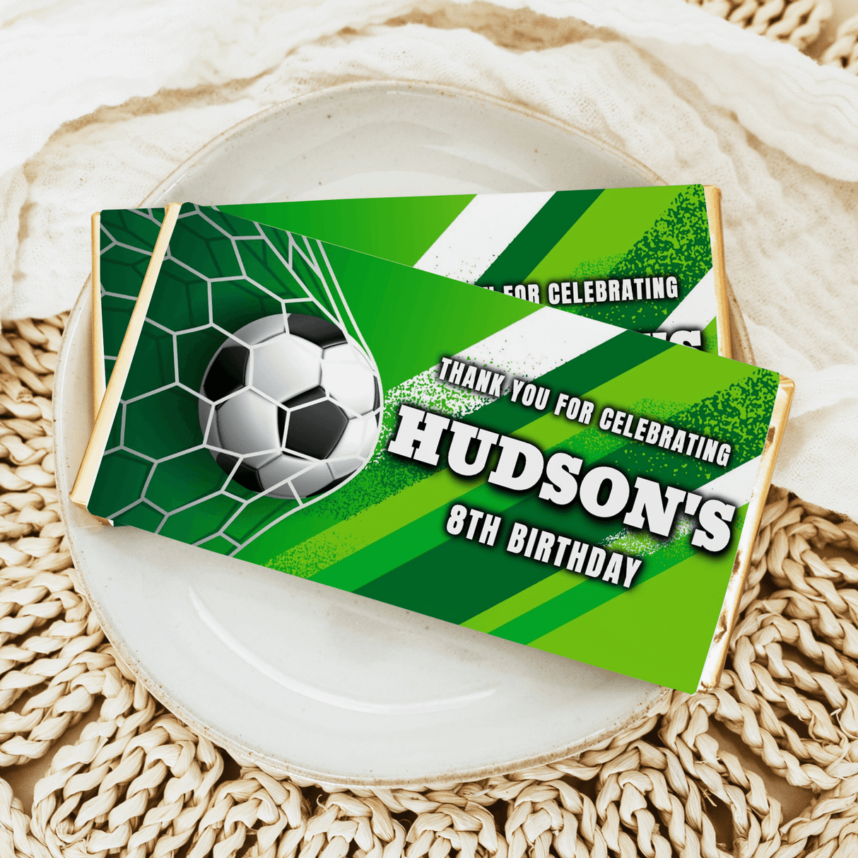 Soccer birthday chocolate bar wrapper, green with soccer ball and “Hudson's 8th Birthday”